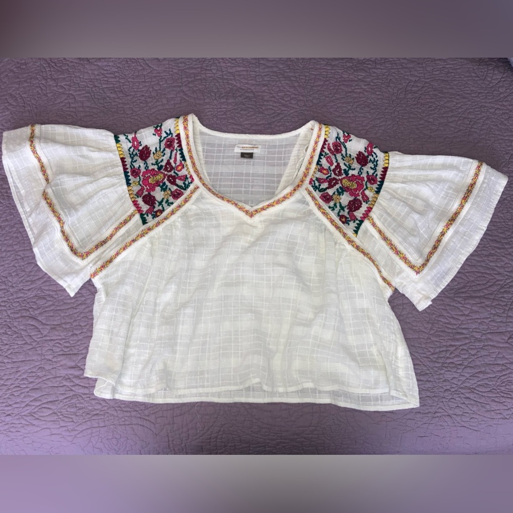 Anthropologie embroidered butterfly sleeve blouse size sm
